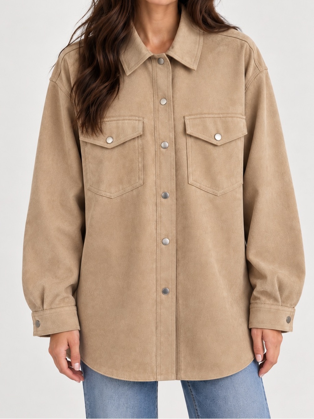 Zara Tan Vegan Suede Leather Snap Button Oversized Jacket Small